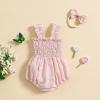 imageKuriozud Newborn Baby Girl Smocked Bubble Romper Floral Halter Jumpsuit Headband Outfit Infant Clothing Cute Summer ClothesDaisy Pink