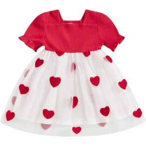 imageKuriozud Little Toddler Girl Valentines Day Outfit Puffy Sleeve Heart Dress Cute Princess Dresses Spring ClothesHeart Red