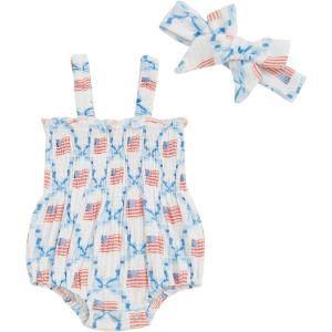 imageKuriozud Newborn Baby Girl Smocked Bubble Romper Floral Halter Jumpsuit Headband Outfit Infant Clothing Cute Summer ClothesAmerican Flag White