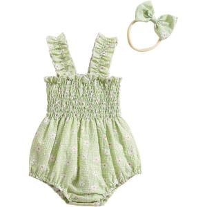 imageKuriozud Newborn Baby Girl Smocked Bubble Romper Floral Halter Jumpsuit Headband Outfit Infant Clothing Cute Summer ClothesDaisy Green