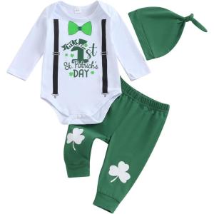 imageKuriozud St Patricks Day Baby Boy Outfit First St Patricks Day Romper and Shamrock Pants Set with Hat 3Pcs Spring Clothes1st Patricks Day Green