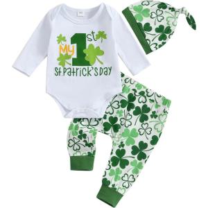 imageKuriozud St Patricks Day Baby Boy Outfit First St Patricks Day Romper and Shamrock Pants Set with Hat 3Pcs Spring Clothes1st Patricks Day White