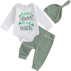 imageKuriozud St Patricks Day Baby Boy Outfit First St Patricks Day Romper and Shamrock Pants Set with Hat 3Pcs Spring ClothesCutest Clover in the Patch