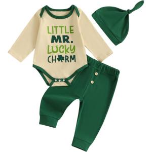 imageKuriozud St Patricks Day Baby Boy Outfit First St Patricks Day Romper and Shamrock Pants Set with Hat 3Pcs Spring ClothesLittle Mr Lucky Charm