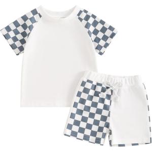 imageKuriozud Toddler Baby Boy Summer Outfit Short Sleeve T Shirt Shorts Set 3 6 12 18 24 Months 2T 3T 4T Baby Neutral ClothesCheckerboard Blue
