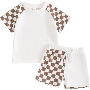 imageKuriozud Toddler Baby Boy Summer Outfit Short Sleeve T Shirt Shorts Set 3 6 12 18 24 Months 2T 3T 4T Baby Neutral ClothesCheckerboard Brown