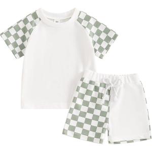 imageKuriozud Toddler Baby Boy Summer Outfit Short Sleeve T Shirt Shorts Set 3 6 12 18 24 Months 2T 3T 4T Baby Neutral ClothesCheckerboard Green