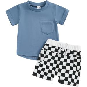 imageKuriozud Toddler Baby Boy Summer Outfit Short Sleeve T Shirt Shorts Set 3 6 12 18 24 Months 2T 3T 4T Baby Neutral ClothesPocket Blue