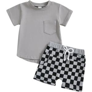 imageKuriozud Toddler Baby Boy Summer Outfit Short Sleeve T Shirt Shorts Set 3 6 12 18 24 Months 2T 3T 4T Baby Neutral ClothesPocket Grey