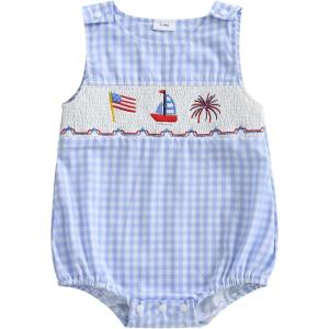imageKuriozud Unisex Newborn Baby Boy Girl Summer Clothes Sleeveless Bubble Romper Jumpsuit Overall Shorts Infant ClothingAmerican Flag Fireworks Plaid Blue