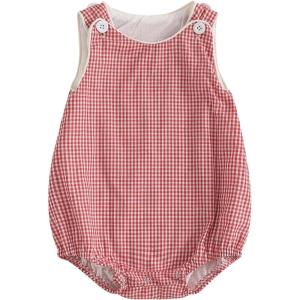 imageKuriozud Unisex Newborn Baby Boy Girl Summer Clothes Sleeveless Bubble Romper Jumpsuit Overall Shorts Infant ClothingPlaid Red