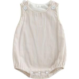 imageKuriozud Unisex Newborn Baby Boy Girl Summer Clothes Sleeveless Bubble Romper Jumpsuit Overall Shorts Infant ClothingStriped Beige