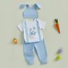 imageKuriozud Newborn Baby Boy Easter Outfit Bunny Romper Top and Pants Set with Bunny Ear Hat Infant 3 Piece Spring ClothesBunny Blue