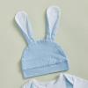 imageKuriozud Newborn Baby Boy Easter Outfit Bunny Romper Top and Pants Set with Bunny Ear Hat Infant 3 Piece Spring ClothesBunny Blue