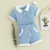 imageKuriozud Newborn Baby Boy Summer Clothes Button Short Sleeve Romper Bodysuit Shorts Set Toddler Soft Waffle OutfitLapel Shirt Blue