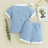 imageKuriozud Newborn Baby Boy Summer Clothes Button Short Sleeve Romper Bodysuit Shorts Set Toddler Soft Waffle OutfitLapel Shirt Blue