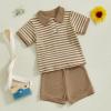 imageKuriozud Newborn Baby Boy Summer Clothes Button Short Sleeve Romper Bodysuit Shorts Set Toddler Soft Waffle OutfitLapel Shirt Striped Khaki