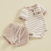 imageKuriozud Newborn Baby Boy Summer Clothes Button Short Sleeve Romper Bodysuit Shorts Set Toddler Soft Waffle OutfitStriped Beige