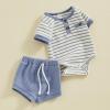 imageKuriozud Newborn Baby Boy Summer Clothes Button Short Sleeve Romper Bodysuit Shorts Set Toddler Soft Waffle OutfitStriped Blue