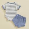 imageKuriozud Newborn Baby Boy Summer Clothes Button Short Sleeve Romper Bodysuit Shorts Set Toddler Soft Waffle OutfitStriped Blue