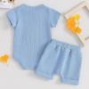 imageKuriozud Newborn Baby Boy Summer Clothes Button Short Sleeve Romper Bodysuit Shorts Set Toddler Soft Waffle OutfitWaffle Blue