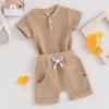 imageKuriozud Newborn Baby Boy Summer Clothes Button Short Sleeve Romper Bodysuit Shorts Set Toddler Soft Waffle OutfitWaffle Khaki