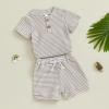 imageKuriozud Newborn Baby Boy Summer Clothes Button Short Sleeve Romper Bodysuit Shorts Set Toddler Soft Waffle OutfitWaffle Striped Light Grey