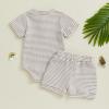 imageKuriozud Newborn Baby Boy Summer Clothes Button Short Sleeve Romper Bodysuit Shorts Set Toddler Soft Waffle OutfitWaffle Striped Light Grey