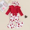 imageKuriozud Newborn Baby Girl Bell Bottom Outfit Ruffle Romper Cute Bow Flare Pants Set Headband Cute ClothesHeart Print Red