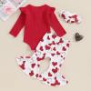 imageKuriozud Newborn Baby Girl Bell Bottom Outfit Ruffle Romper Cute Bow Flare Pants Set Headband Cute ClothesHeart Print Red