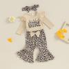 imageKuriozud Newborn Baby Girl Bell Bottom Outfit Ruffle Romper Cute Bow Flare Pants Set Headband Cute ClothesLeopard Daddys Girl