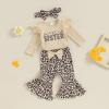 imageKuriozud Newborn Baby Girl Bell Bottom Outfit Ruffle Romper Cute Bow Flare Pants Set Headband Cute ClothesLeopard Little Sister