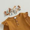 imageKuriozud Newborn Baby Girl Bell Bottom Outfit Ruffle Romper Cute Bow Flare Pants Set Headband Cute ClothesPumpkin Mustard Yellow