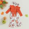 imageKuriozud Newborn Baby Girl Bell Bottom Outfit Ruffle Romper Cute Bow Flare Pants Set Headband Cute ClothesPumpkin Orange