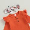 imageKuriozud Newborn Baby Girl Bell Bottom Outfit Ruffle Romper Cute Bow Flare Pants Set Headband Cute ClothesPumpkin Orange
