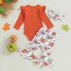 imageKuriozud Newborn Baby Girl Bell Bottom Outfit Ruffle Romper Cute Bow Flare Pants Set Headband Cute ClothesPumpkin Orange