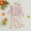 imageKuriozud Newborn Baby Girl Bell Bottom Outfit Ruffle Romper Cute Bow Flare Pants Set Headband Cute ClothesPumpkin Pink