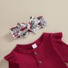 imageKuriozud Newborn Baby Girl Bell Bottom Outfit Ruffle Romper Cute Bow Flare Pants Set Headband Cute ClothesSanta Wine Red