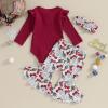 imageKuriozud Newborn Baby Girl Bell Bottom Outfit Ruffle Romper Cute Bow Flare Pants Set Headband Cute ClothesSanta Wine Red