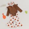 imageKuriozud Newborn Baby Girl Bell Bottom Outfit Ruffle Romper Cute Bow Flare Pants Set Headband Cute ClothesTurkey Brown