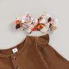 imageKuriozud Newborn Baby Girl Bell Bottom Outfit Ruffle Romper Cute Bow Flare Pants Set Headband Cute ClothesTurkey Brown
