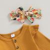 imageKuriozud Newborn Baby Girl Bell Bottom Outfit Ruffle Romper Cute Bow Flare Pants Set Headband Cute ClothesTurkey Mustard Yellow