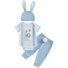 imageKuriozud Newborn Baby Boy Easter Outfit Bunny Romper Top and Pants Set with Bunny Ear Hat Infant 3 Piece Spring ClothesBunny Blue