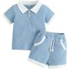 imageKuriozud Newborn Baby Boy Summer Clothes Button Short Sleeve Romper Bodysuit Shorts Set Toddler Soft Waffle OutfitLapel Shirt Blue
