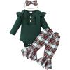 imageKuriozud Newborn Baby Girl Bell Bottom Outfit Ruffle Romper Cute Bow Flare Pants Set Headband Cute ClothesPlaid Green
