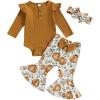 imageKuriozud Newborn Baby Girl Bell Bottom Outfit Ruffle Romper Cute Bow Flare Pants Set Headband Cute ClothesPumpkin Mustard Yellow