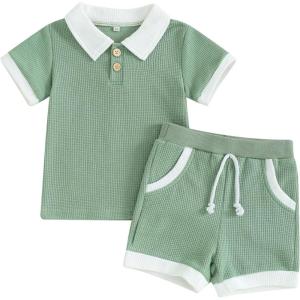 imageKuriozud Newborn Baby Boy Summer Clothes Button Short Sleeve Romper Bodysuit Shorts Set Toddler Soft Waffle OutfitLapel Shirt Green