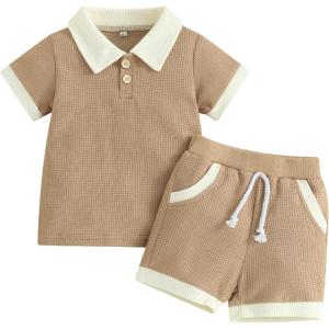 imageKuriozud Newborn Baby Boy Summer Clothes Button Short Sleeve Romper Bodysuit Shorts Set Toddler Soft Waffle OutfitLapel Shirt Khaki