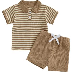 imageKuriozud Newborn Baby Boy Summer Clothes Button Short Sleeve Romper Bodysuit Shorts Set Toddler Soft Waffle OutfitLapel Shirt Striped Khaki