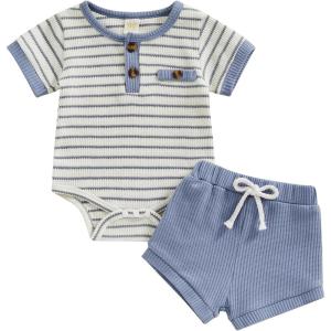 imageKuriozud Newborn Baby Boy Summer Clothes Button Short Sleeve Romper Bodysuit Shorts Set Toddler Soft Waffle OutfitStriped Blue